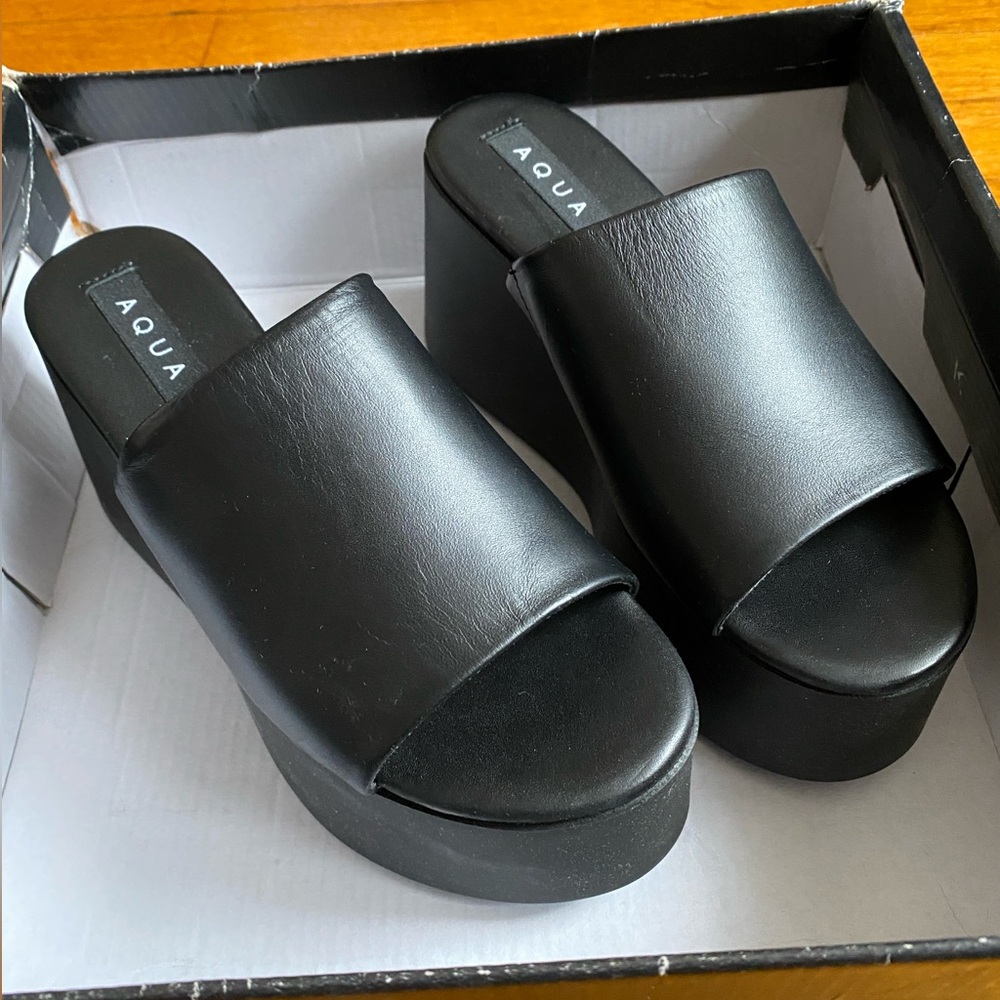 NEW Aqua Gigi Black Platform Leather Slide Y2K Sandals Size 6.5